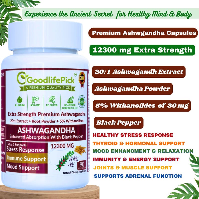 Peut inclure: Une bouteille blanche de capsules d'Ashwagandha Premium Extra Strength GoodlifePick avec une &eacute;tiquette verte. La bouteille contient 12300 mg d'Ashwagandha, 20:1 extrait d'Ashwagandha, poudre d'Ashwagandha, 5% de Withanolides de 30 mg et du poivre noir. La bouteille est &eacute;tiquet&eacute;e comme un compl&eacute;ment alimentaire naturel. La bouteille est pos&eacute;e sur une surface en bois. La bouteille est entour&eacute;e de texte qui d&eacute;crit les bienfaits de l'Ashwagandha, notamment la r&eacute;ponse au stress saine, le soutien de la thyro&iuml;de et hormonal, l'am&eacute;lioration de l'humeur et la relaxation, le soutien de l'immunit&eacute; et de l'&eacute;nergie, le soutien des articulations et des muscles, et le soutien de la fonction surr&eacute;nale.