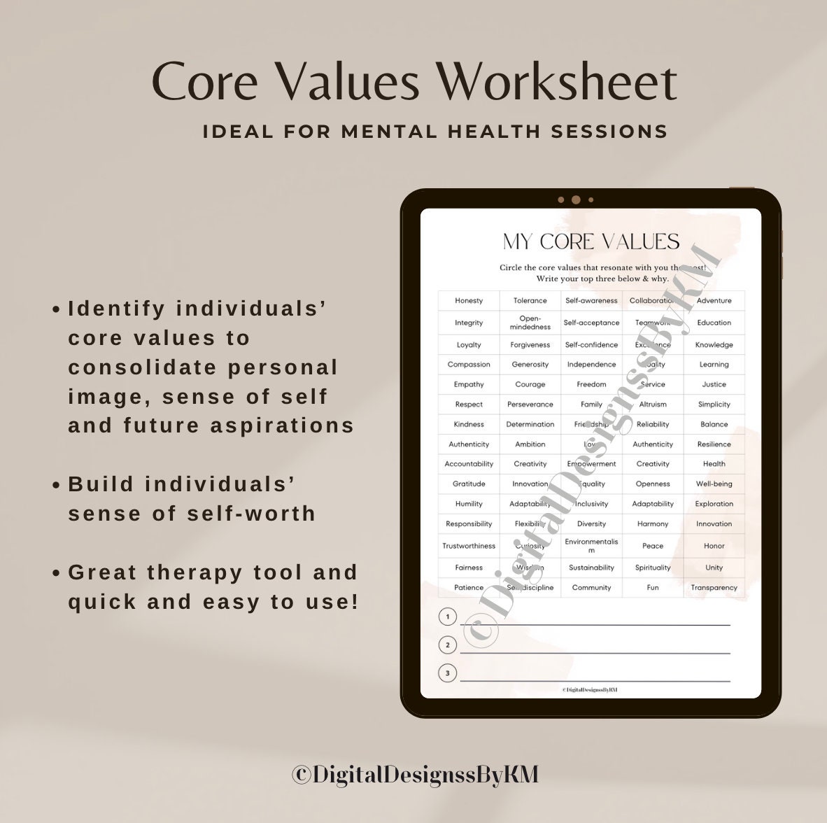 Identifying Core Value Worksheet, Clarification Core Values, CBT ...
