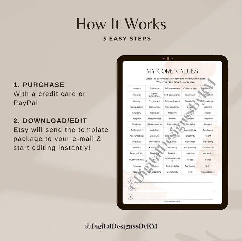 Identifying Core Value Worksheet, Clarification Core Values, CBT ...