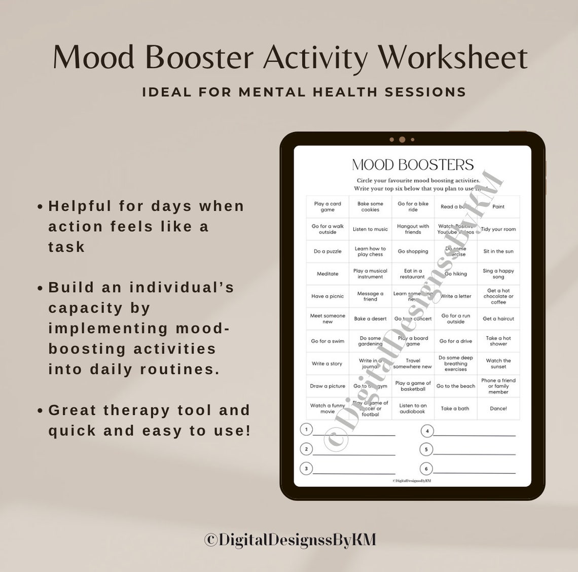 Mood Boosting Activity Worksheet, Mental Health Worksheet, Activity ...