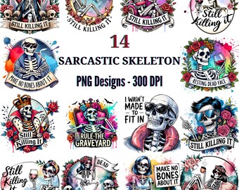 Sarcastic Skeleton PNG Bundle: Funny Skull Designs, Sublimation Stickers (300 DPI)