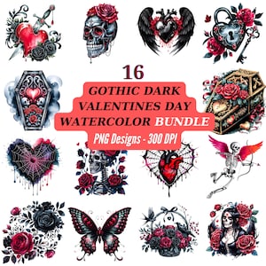 Gothic Valentine Watercolor Clipart: Skull, Roses, Heart PNG Bundle (Digital)