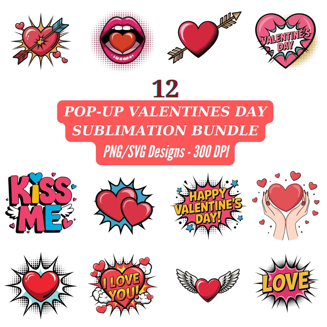 Pop Art Valentines Sublimation Bundle PNG SVG, Retro Love Clipart, Kiss ...