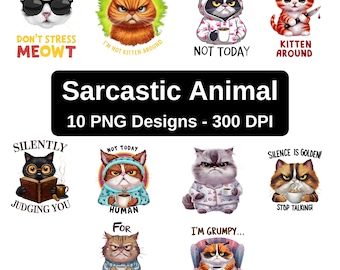 Sarcastic Grumpy Cat Clipart PNG Bundle: Funny Animal Designs (Digital Download)