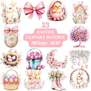 Watercolor Easter Clipart Bundle: Bunnies, Eggs, Flowers (PNG Digital Download)