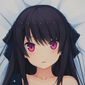 May include: A close-up of an anime character with long black hair and pink eyes. The character is lying on a white pillow with a black lace trim.