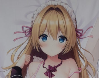 May include: A blonde anime character with blue eyes wearing a pink and white maid outfit. She has a pink ribbon in her hair and is looking at the viewer.