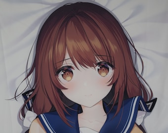 May include: A close-up of an anime-style illustration of a young woman with long brown hair, wearing a blue and white sailor uniform. She has large, expressive eyes with golden irises and a soft, gentle expression.