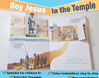 Könnte beinhalten: Ein Pop-up-Buch für Kinder über die Geschichte von Jesus im Tempel. Das Buch enthält farbenfrohe Illustrationen und Text, einschließlich des Bibelverses Lukas 2,39-52. Das Buch ist für Kinder ab 6 Jahren geeignet.