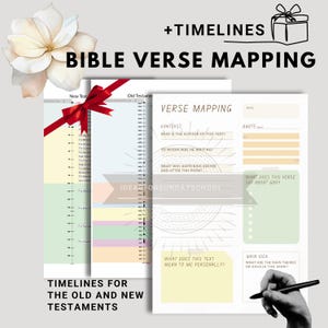 Puede incluir: Una hoja de trabajo imprimible para el estudio de la Biblia con una línea de tiempo del Antiguo y Nuevo Testamento, una sección de mapeo de versículos con indicaciones para la reflexión, y el texto "+TIMELINES BIBLE VERSE MAPPING".