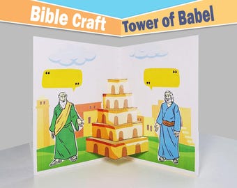 May include: A pop-up card illustrating the Tower of Babel, labelled "Bible Craft". The image shows two figures in robes, yellow speech bubbles, and a multi-tiered tower. The words "Bible Craft" and "Tower of Babel" are at the top.