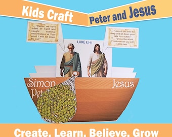 May include: A Kids Craft illustration titled "Peter and Jesus" with text from Luke 5:1-11. The image features two figures, Simon Peter and Jesus, on a boat with a net full of fish. The words "Create, Learn, Believe, Grow" are at the bottom.