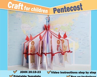 May include: A pop-up craft for children with the text "Craft for children Pentecost". The craft features illustrations of religious figures and red accents. The image includes the text "JOHN 20:19-23", "Printable Template", "Video instructions step by step", and "Pop up technique".