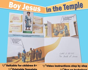 Op de afbeelding: Een pop-up papieren knutselwerk met de titel "Boy Jesus in the Temple" met illustraties van Jezus en andere figuren. De tekst bevat "Lucas 2:39-52" en "The Youth of Jesus". Extra tekst geeft aan dat het geschikt is voor kinderen vanaf 6 jaar en bevat een printbare sjabloon.