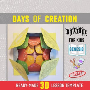 Puede incluir: Una plantilla de manualidad en papel 3D titulada DAYS OF CREATION FOR KIDS GENESIS CRAFT READY-MADE 3D LESSON TEMPLATE. El objeto presenta paneles plegables en capas de color amarillo, verde y naranja, numerados 3, 4 y 5, con texto e ilustraciones.