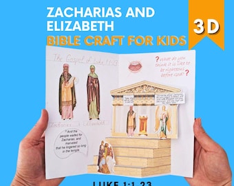 May include: A 3D Bible craft for kids, featuring Zacharias and Elizabeth. The craft includes illustrations of biblical figures, a temple, and text from Luke 1:1-23. The background is a bright blue with an orange banner that says "3D".