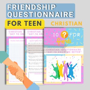 May include: A printable Christian friendship questionnaire for teens with a pink, yellow, and blue background. The questionnaire asks questions like "If you could ask God one question, what would it be?" and "What is your favorite Bible verse?"