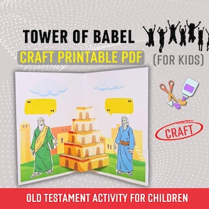 Pode incluir: Um PDF de artesanato imprimível intitulado "Torre de Babel" para crianças. A imagem mostra uma ilustração pop-up da torre com duas figuras em vestes, balões de fala e o texto "Atividade do Antigo Testamento para crianças."