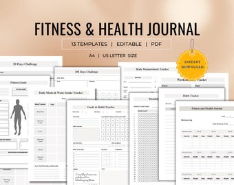 Printable Health and Fitness Planner, Fitness Journal, Wellness Planner, Workout Planner, Health Planner,Habit Tracker, Self care, Editable