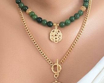 Green Agate Layered Necklace: Gold-Plated Chain, Handmade
