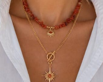 Collar de capas de ágata naranja hecho a mano: cadena chapada en oro