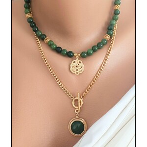 green agate layered necklace, stylish necklace, daily necklace, invitation necklace, precious stone, natural stone necklace, handmade,