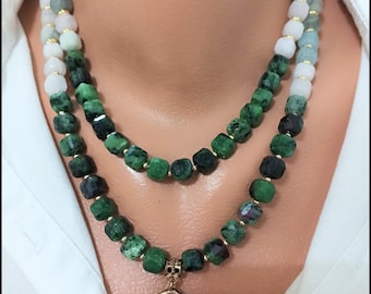 Handmade Aquamarine Anyolite Necklace: Natural Stone Beaded Jewelry