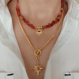 Handmade Orange Agate Layered Necklace: Gold-Plated Chain