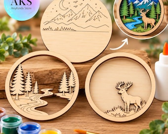 Christmas DIY Layered Wooden Deer Art Kit 3D Wood Craft Kit Paint Your Own Mountain Wall Art Deer Woodland Decor Craft Gift for Kids, Her
