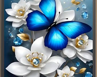 Puede incluir: Una mariposa azul con flores blancas y doradas sobre un fondo azul oscuro. La mariposa tiene un diseño detallado y está rodeada de gemas azules brillantes.