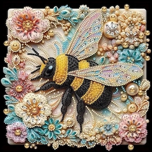 Puede incluir: Primer plano de una abeja de cuentas con rayas amarillas y negras, rodeada de flores y perlas. La abeja está hecha de cuentas y tiene un diseño detallado. Las flores también están hechas de cuentas y tienen una variedad de colores, incluyendo rosa, blanco y azul.