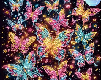 Puede incluir: Un fondo negro con un diseño de mariposa colorido. Las mariposas están hechas de diamantes de imitación y purpurina. El diseño es perfecto para un proyecto artesanal o una pieza decorativa.