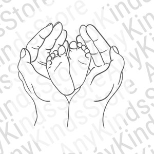 May include: A black and white line drawing of two hands holding a pair of baby feet.