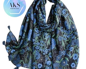 Soft Ladies Scarf Botanical Floral Print Women Scarves Scarf With Tassels in Blue Tones