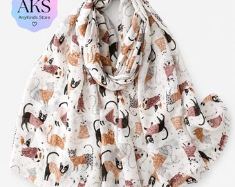 Ivory Christmas Jumper Cat Scarf for Women Cat Lover Gift Lightweight Printed Scarf Cute Cat Wrap Shawl Animal Print Scarf Gift for Her