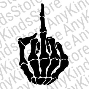 May include: A black silhouette of a skeletal hand giving the middle finger.