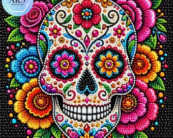 Sugar Skull Diamond Painting Kit, 5D Crystal Art for Adults, Floral Skull Diamond Art, DIY Craft Kit Colourful Skull Wall Art Gift Halloween