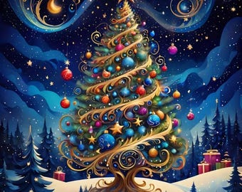 May include: A large, ornate Christmas tree decorated with colorful ornaments, gold ribbon, and a star on top. The tree is set against a dark blue background with twinkling stars and a crescent moon.