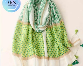 Soft Ladies Scarf Green Women Scarves Boho Scarf Abstract With Tassels
