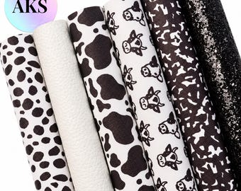 Cow Print Faux Leather Sheets, Black White Cowhide Leatherette, Cow Face Fabric, Flannel Backed Faux Leather for Bows & Crafts 6 Peices
