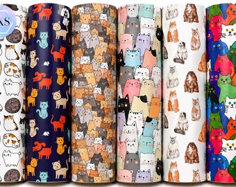 Cat Print Faux Leatherette Fabric – Flannel Backed Synthetic Leather Material for Crafts, Bags & Bows 6 Pieces Kitten Cats Perfect for Craft