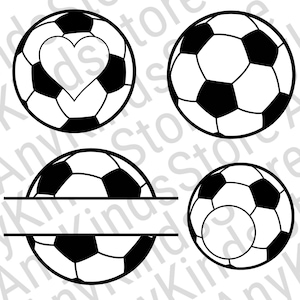 May include: Four black and white football designs. One football has a heart in the centre. One football has a blank circle in the centre. One football has a blank rectangle across the centre. One football has no design.