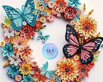 Puede incluir: Una corona de flores de papel de colores con dos mariposas. La corona está hecha de flores de papel en tonos de rosa, naranja, amarillo, azul y verde. Las mariposas están hechas de papel y tienen alas negras y rosas y alas azules y turquesas. La corona está decorada con pequeñas cuentas brillantes.