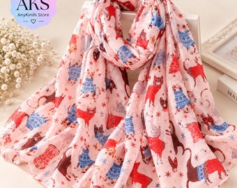 Pink Christmas Jumper Cat Scarf for Women Cat Lover Gift Lightweight Printed Scarf Cute Cat Wrap Shawl Animal Print Scarf Gift for Her