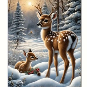 Puede incluir: Una madre ciervo y su cervatillo están de pie en un bosque nevado. Los ciervos son marrones con manchas blancas y tienen ojos grandes y oscuros. El cervatillo es más pequeño que la madre y la está mirando. El bosque está cubierto de nieve y hay árboles en el fondo.