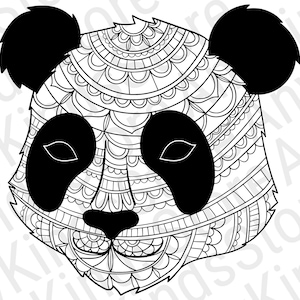 May include: Black and white line art illustration of a panda bear's face with intricate mandala designs. The panda's eyes, nose, and mouth are filled in with black.