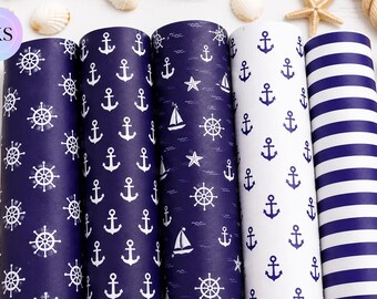 Nautical Faux Leather Sheets, Anchor & Sailor Print Leatherette, Flannel Backed Fabric for Bows, Bags Crafts 5 Pieces