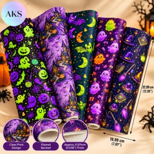 May include: Five rolls of Halloween-themed fabric featuring ghosts, pumpkins, bats, moons, and haunted houses. The material has a flannel backing, a thickness of 0.97 mm, and measures 32.99 cm by 19.99 cm per sheet with clear print.