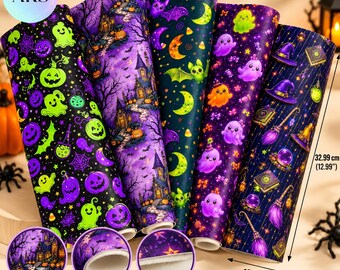 Halloween Faux Leather Sheets, Ghost Pumpkin Bat Witch Print, Flannel Backed Leatherette Fabric for Bows Bags Crafts 5 Pieces