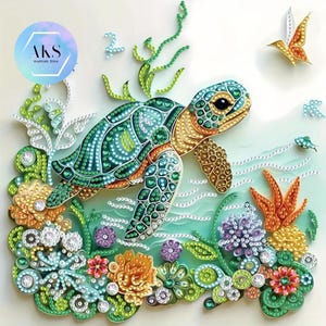 ウミガメ 5D DIY ダイヤモンドアート ペインティングキット キャンバス ラインストーン 刺繍 花柄 亀 クリスタルアート クラフトキット 数字 ダイヤモンド